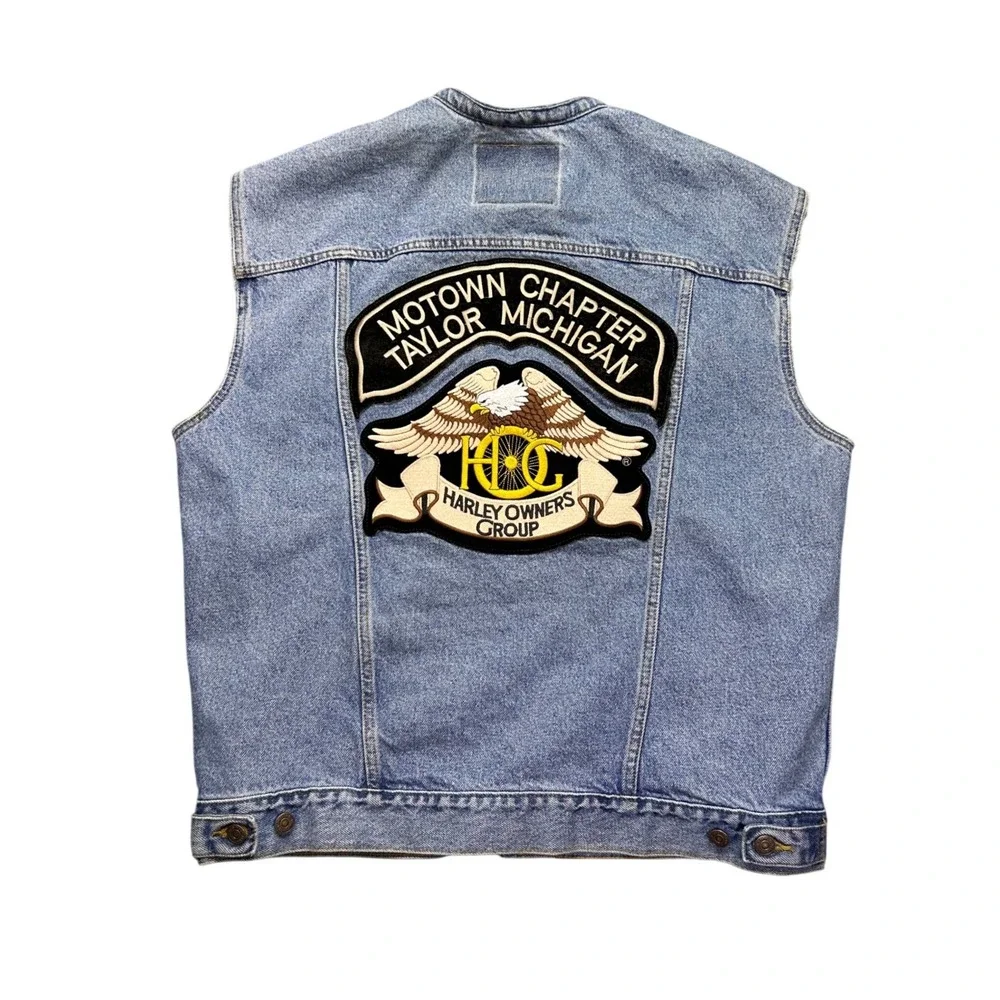 Levi's 2002 Denim Trucker Vest L Harley HOG Motown Chapter Taylor MI Biker Patch